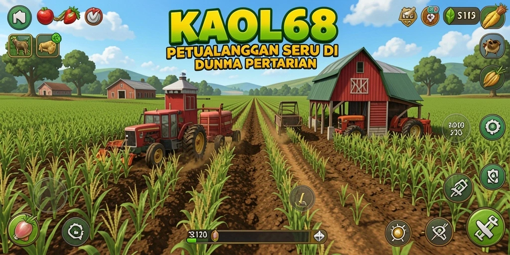 Screenshot gameplay KAOL68 menunjukkan ladang yang subur dan hewan ternak yang bahagia.